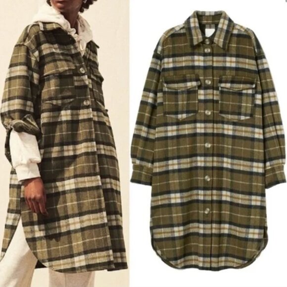 H&M Oversized Long Shacket - Plaid Olive Brown Khaki Black White - Size: XS - Picture 1 of 5